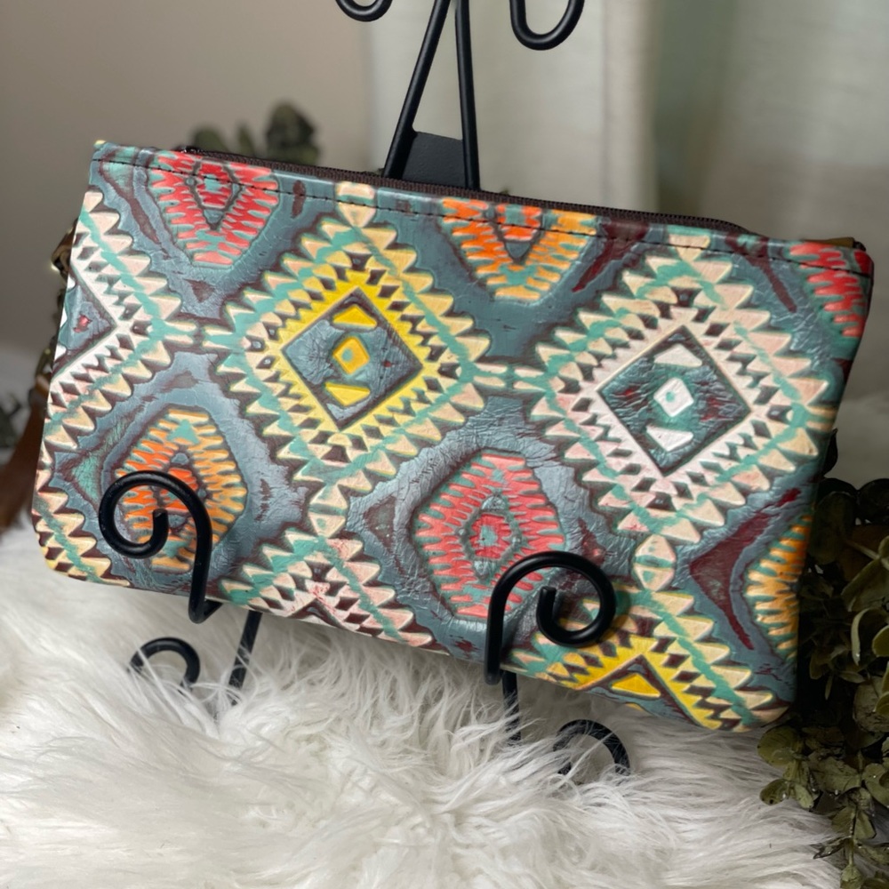 Cowhide Wristlet Clutch Leather Aztec Embossed Leather pattern with zipper